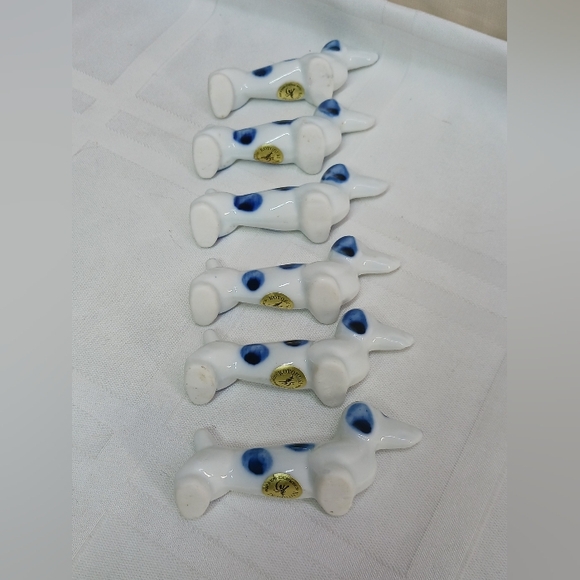 Set Of 6-Vtg KOTOBUKI Chopstick Rests/Porcelain Blue White Dachshund Dog/Japan - Picture 6 of 10
